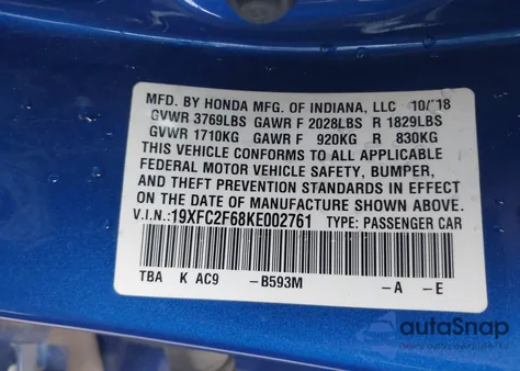 2019 Honda Civic Lx из США, поврежденный, VIN 19XFC2F68KE002761